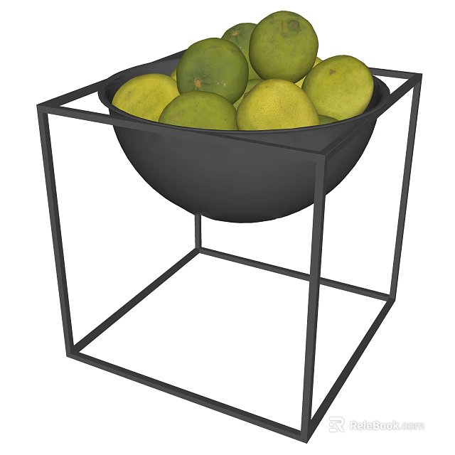 Ceramic Bowl Filled With Fresh Green Fruits On Modern Black Metal Stand 3d model 
