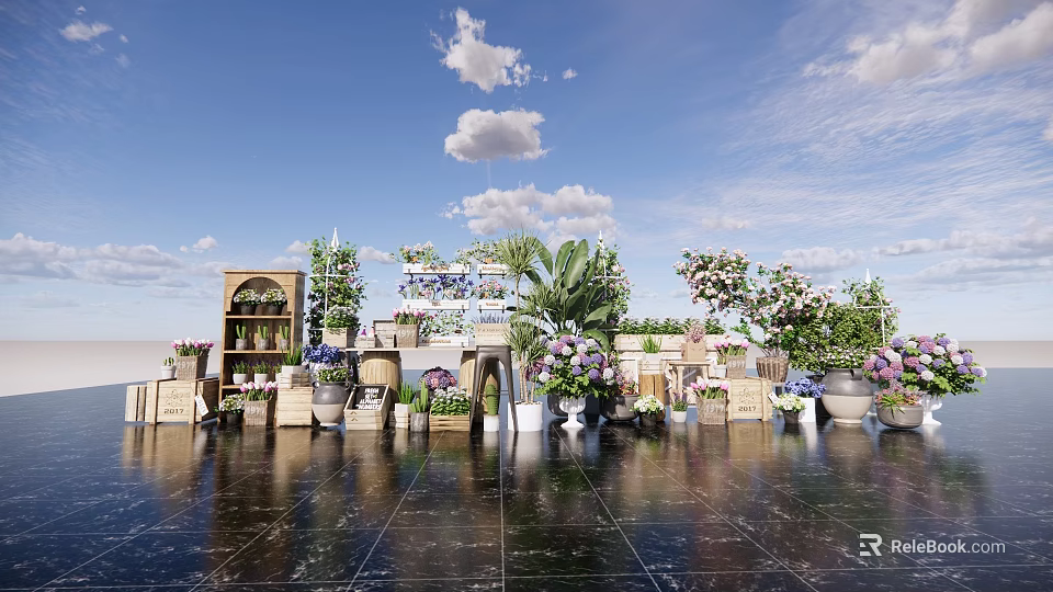 Commercial Equipment For Flower And Plant Display With Stands And Decorative Planters 3d model 
