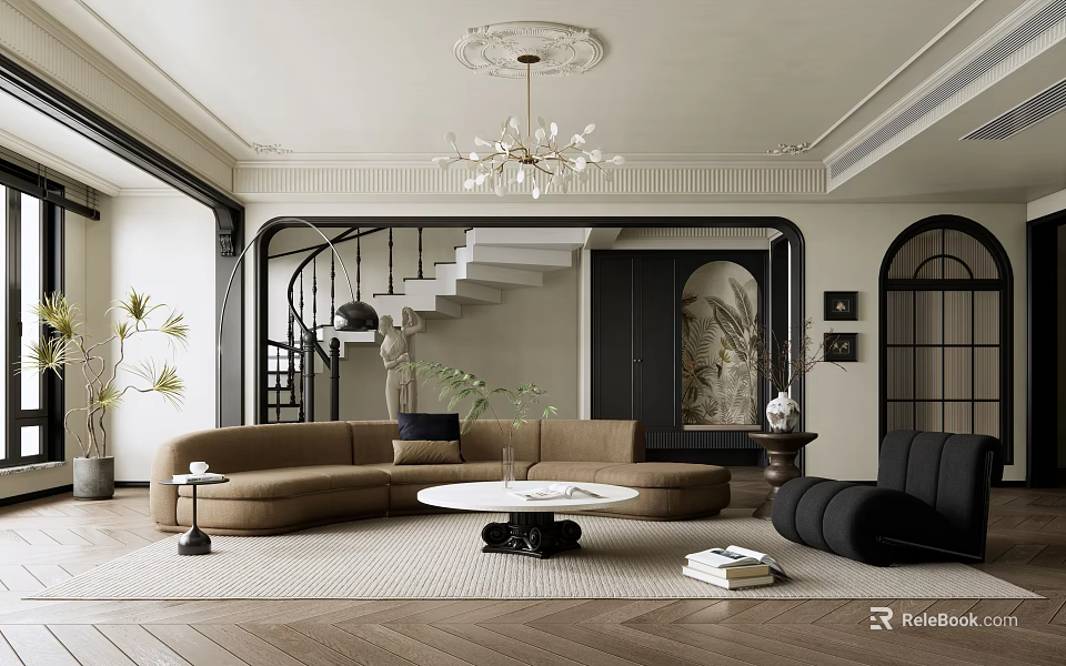 Modern Living Room Interior With Curved Sofa Round Coffee Table Chandelier Staircase And Decorative Painting 3d model 