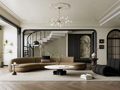 Modern Living Room Interior With Curved Sofa Round Coffee Table Chandelier Staircase And Decorative Painting 3d model