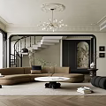 Modern Living Room Interior With Curved Sofa Round Coffee Table Chandelier Staircase And Decorative Painting
