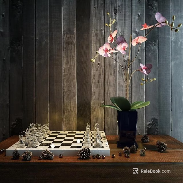 Chess Entertainment With Crystal Pieces On Wooden Table Pink Orchids In Blue Vase And Pine Cones 3d model 