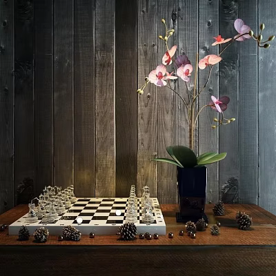 Chess Entertainment With Crystal Pieces On Wooden Table Pink Orchids In Blue Vase And Pine Cones 3d model