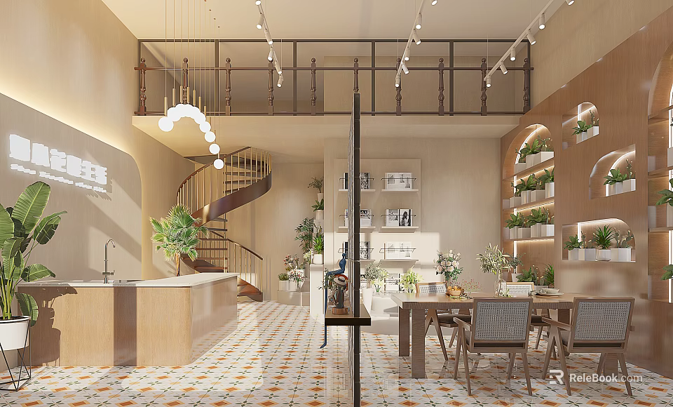 Spacious Specialty Store Interior With Spiral Staircase Green Plants And Displays 3d model 