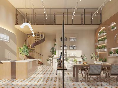 Spacious Specialty Store Interior With Spiral Staircase Green Plants And Displays 3d model