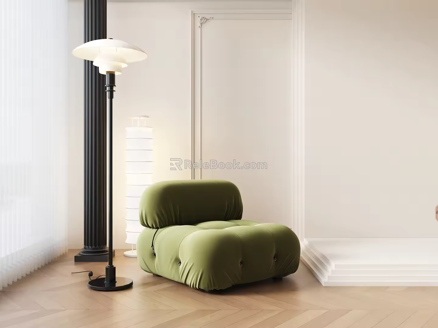 Cream Style Single Sofa Modern Single Sofa Armchair Internet Celebrity Sofa BB Sofa Floor Lamp 3d model