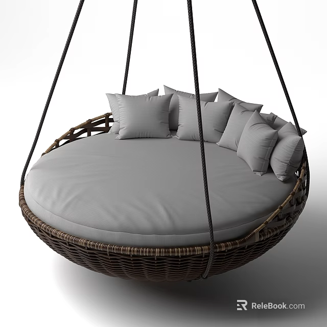 Outdoor Round Wicker Garden Swing Decor With Gray Cushion And Pillows 3d model 
