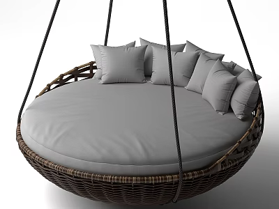 Outdoor Round Wicker Garden Swing Decor With Gray Cushion And Pillows 3d model