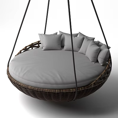 Outdoor Round Wicker Garden Swing Decor With Gray Cushion And Pillows 3d model