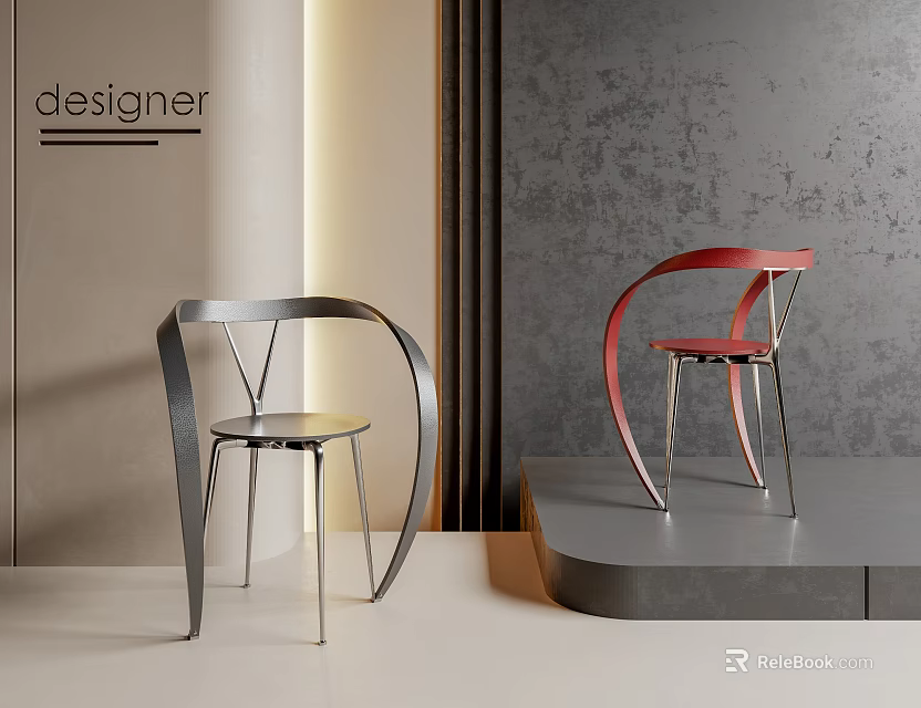 Modern Design Leisure Chairs in Gray and Red with Metal Frames for Designer 3d model 