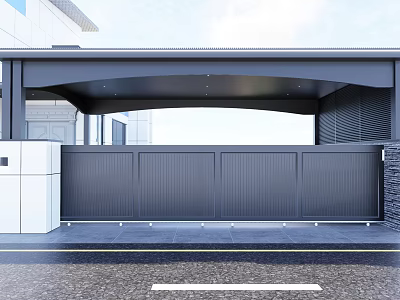Modern Entrance Gate With Black Metal Design Curved Canopy And White Pillars 3d model