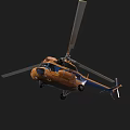 Orange And Blue Helicopter With Rotor Blades On Black Background