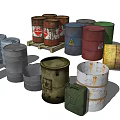 Industrial Equipment Including Rusty Metal Oil Drums In Various Colors And Warning Signs