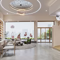 Elegant Modern Beauty Hair Salon Interior With Circular Chandeliers Comfortable Sofa And Display Shelves