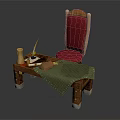 Wooden Table And Red Polka Dot Chair With Green Tablecloth Yellow Bottle Book And Glasses
