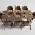 Elegant Rectangular Wooden Dining Table Set With Eight Brown Chairs Green Placemats Tableware Decorations 3d model