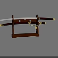 Traditional Japanese Weapon Katana Display on Wooden Stand with Golden Accents and Scabbard