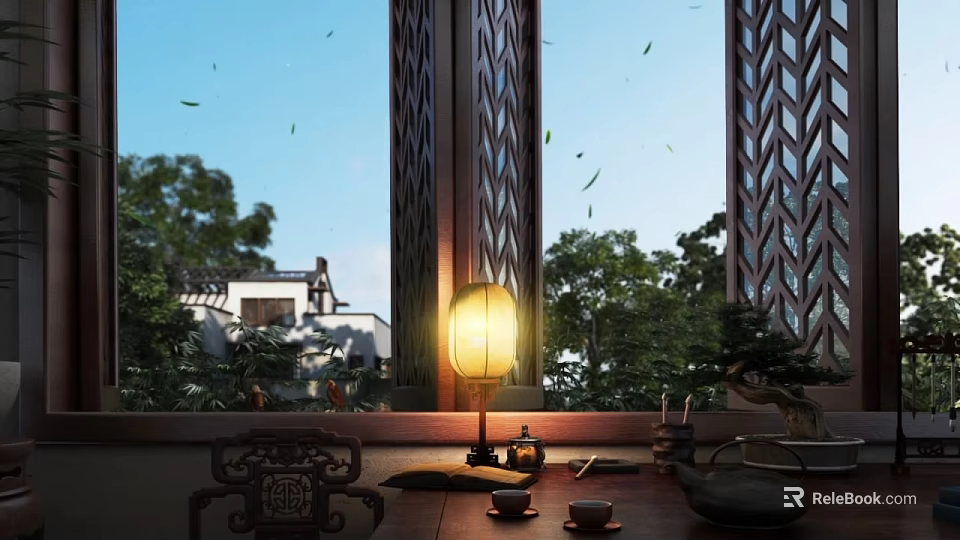 Traditional Style Ornament Decor Set With Lantern Lamp Tea Set And Wooden Screen 3d model 