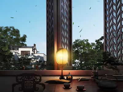 Traditional Style Ornament Decor Set With Lantern Lamp Tea Set And Wooden Screen 3d model