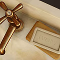 White Square Ceramic Washbasin with Two Brass Faucets Brush and Soap