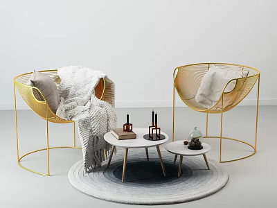 Stylish Leisure Chairs With Golden Frame Woven Structure Plush Blankets Side Tables And Round Rug 3d model