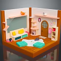 Miniature Room Furniture with Sofa Shelves Window Door Yellow Pillows and Green Cushions