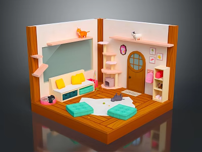 Miniature Room Furniture with Sofa Shelves Window Door Yellow Pillows and Green Cushions 3d model