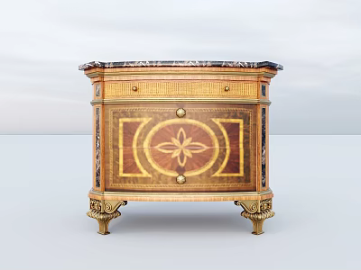 Vintage Two Drawer Wood Inlaid Nightstand With Marble Top And Exquisite Brass Carved Legs 3d model
