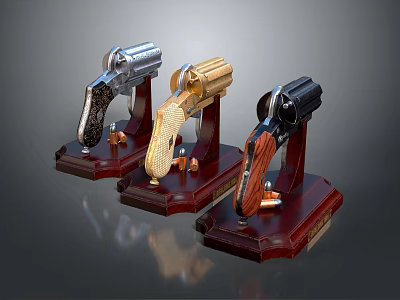 Collectible Revolvers Display With Silver Gold Black Finishes And Wooden Stands 3d model