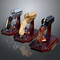 Collectible Revolvers Display With Silver Gold Black Finishes And Wooden Stands