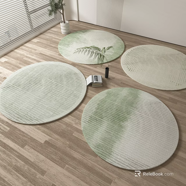 Light Green And White Gradient Round Rugs With Leaf Pattern On Wooden Floor 3d model