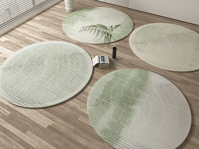 Light Green And White Gradient Round Rugs With Leaf Pattern On Wooden Floor 3d model