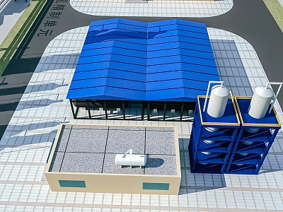 Industrial Factory Building Featuring Blue Roof White Tanks And Modern Construction Facilities 3d model