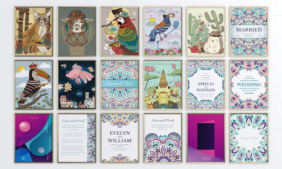 Diverse Decorative Art Prints With Animal Scenes Geometric Patterns And Name Designs 3d model 