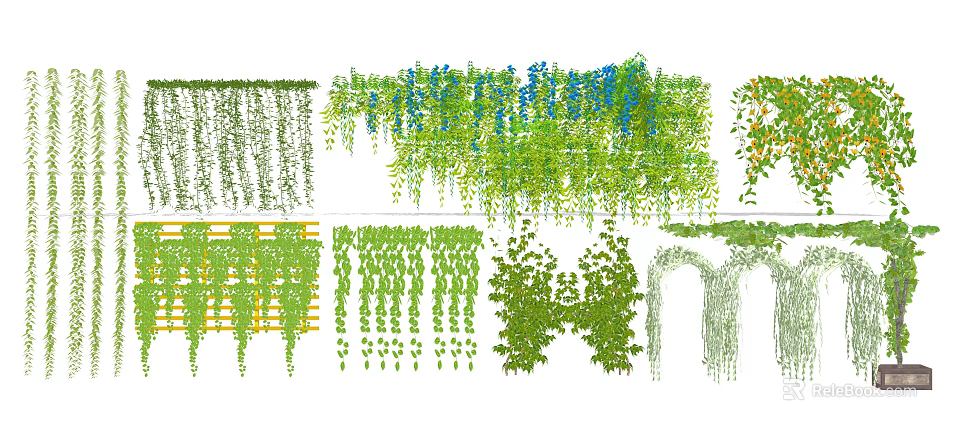 Lush Green Vines With Various Hanging Patterns And Blue Flower Accents 3d model 