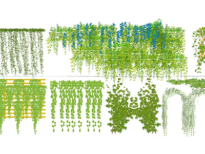 Lush Green Vines With Various Hanging Patterns And Blue Flower Accents 3d model