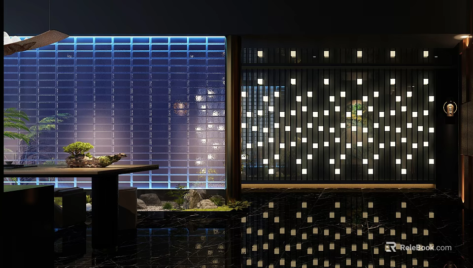Modern Clubhouse Interior With Illuminated Walls Greenery And Polished Floor 3d model 