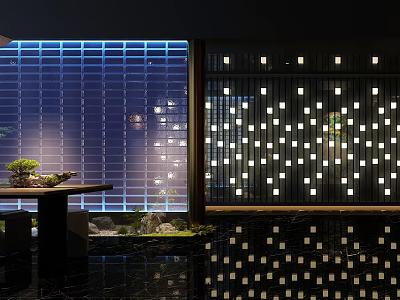 Modern Clubhouse Interior With Illuminated Walls Greenery And Polished Floor 3d model