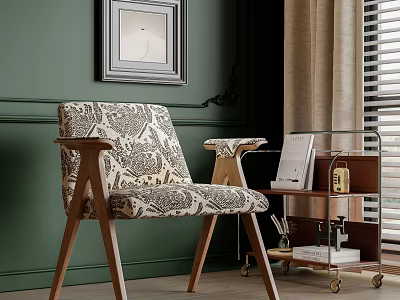 Stylish Accent Chair With Patterned Fabric Wooden Frame And Armrests By Green Wall 3d model