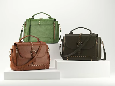 Multi Color Leather Handbags With Metallic Details On White Display Stand 3d model
