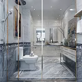 Luxury Modern Marble Clad Bathroom Interior With Bathtub Toilet And Elegant Decorative Vanity Cabinet