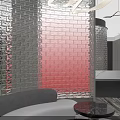 Modern Luxury Hotel Corridor Design With Glass Brick Wall Red Gradient Sofa And Pendant Light