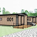 Wooden Cabin Guesthouse 001 002 Surrounded by Green Trees with Front Gravel Path Car Parked