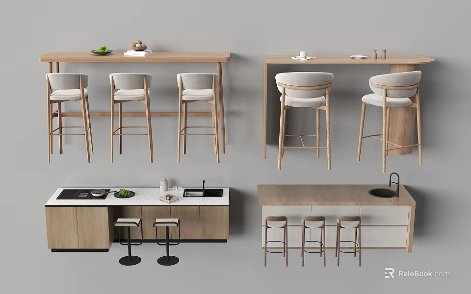 Modern Bar Counter Interior Design With Wooden Top High Bar Stools And Built In Sink 3d model 