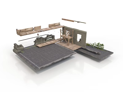 Modern Outdoor Space Model With Wooden Seats Platform And Green Plants 3d model