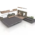 Modern Outdoor Space Model With Wooden Seats Platform And Green Plants