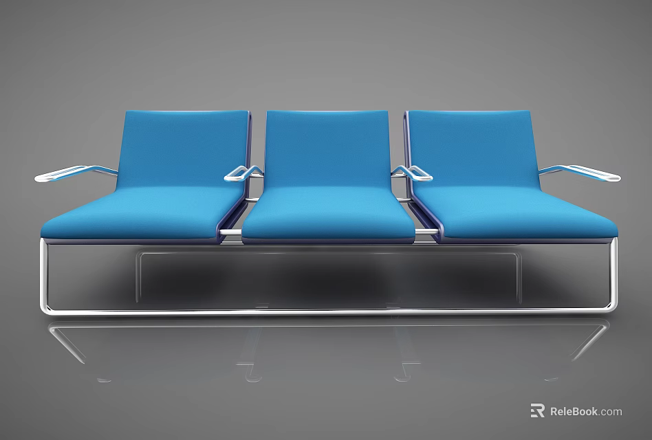 Modern Blue Three Seater Sofa With Silver Metal Armrests And Sleek Frame 3d model 