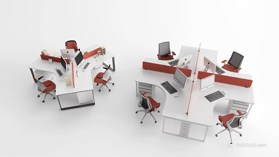 Contemporary Office Workstations With Red Chairs Computers Dividers And White Desks 3d model 