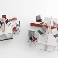 Contemporary Office Workstations With Red Chairs Computers Dividers And White Desks