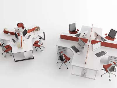 Contemporary Office Workstations With Red Chairs Computers Dividers And White Desks 3d model